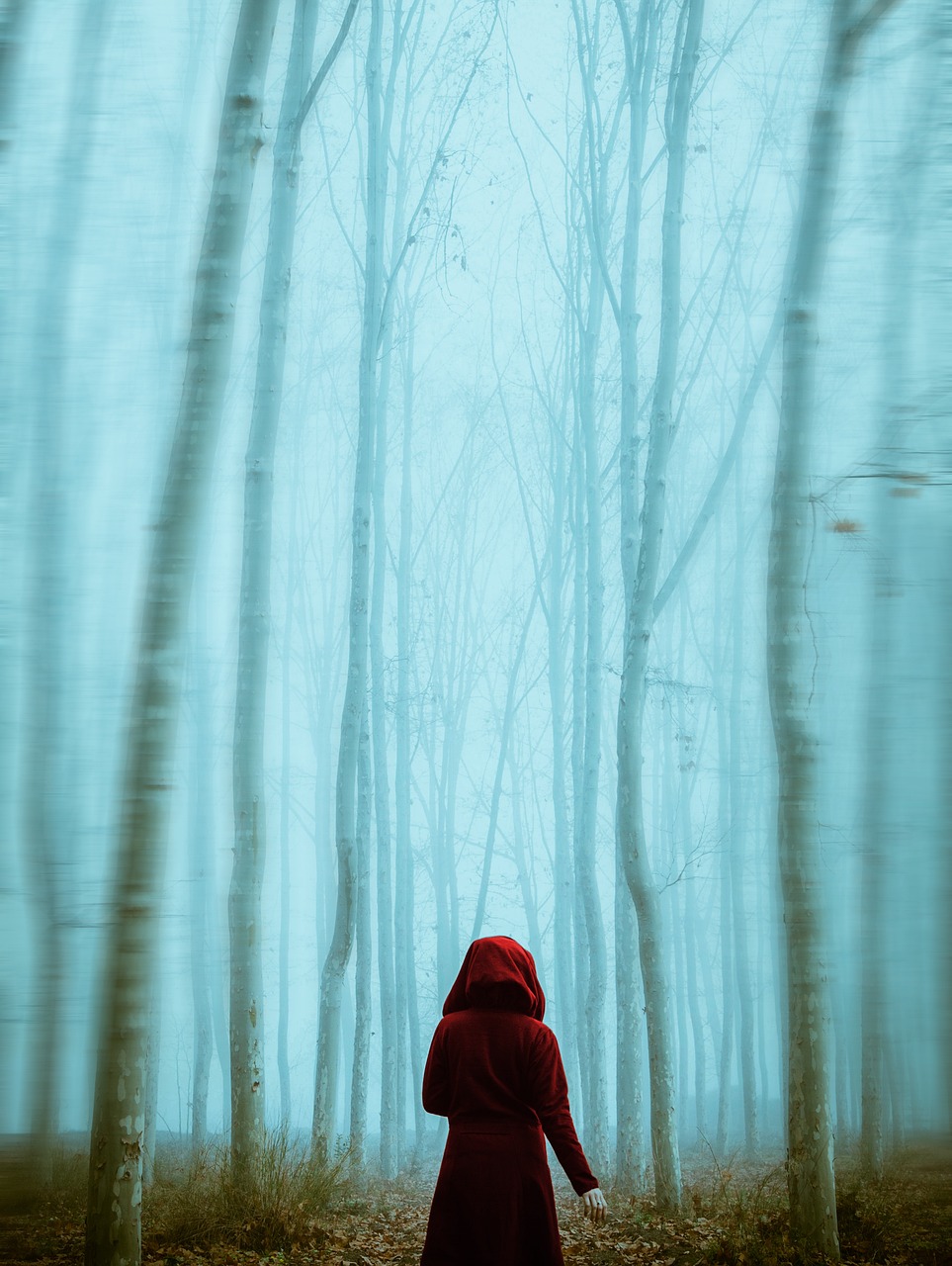 forest, girl, tree, dark photo, blur photo, nature, jungle, alone, lonely, wizard, horror, red, blue